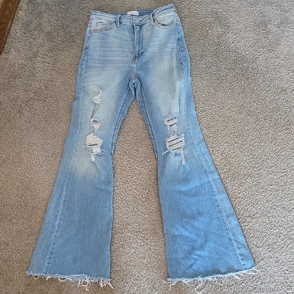 Cello Blue Flare Wide Leg Jeans with Distressed Details